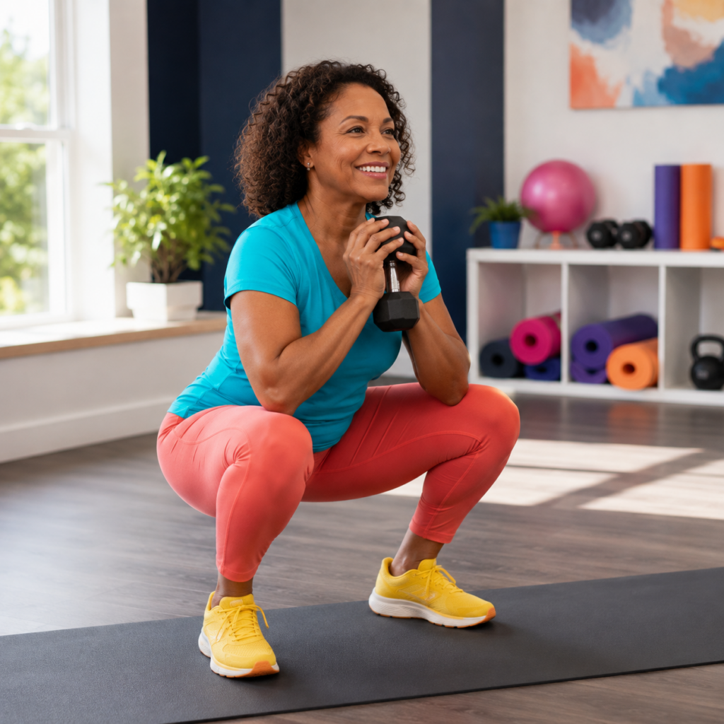 African American woman in her 50s performing controlled dumbbell strength training.