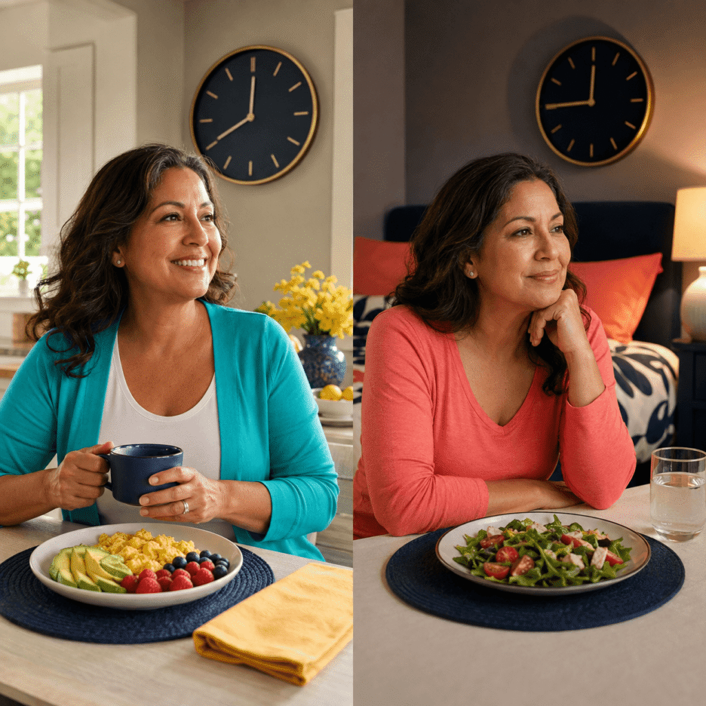 Split scene comparing a gentle 12-hour overnight fast with a longer fasting schedule for a menopausal woman