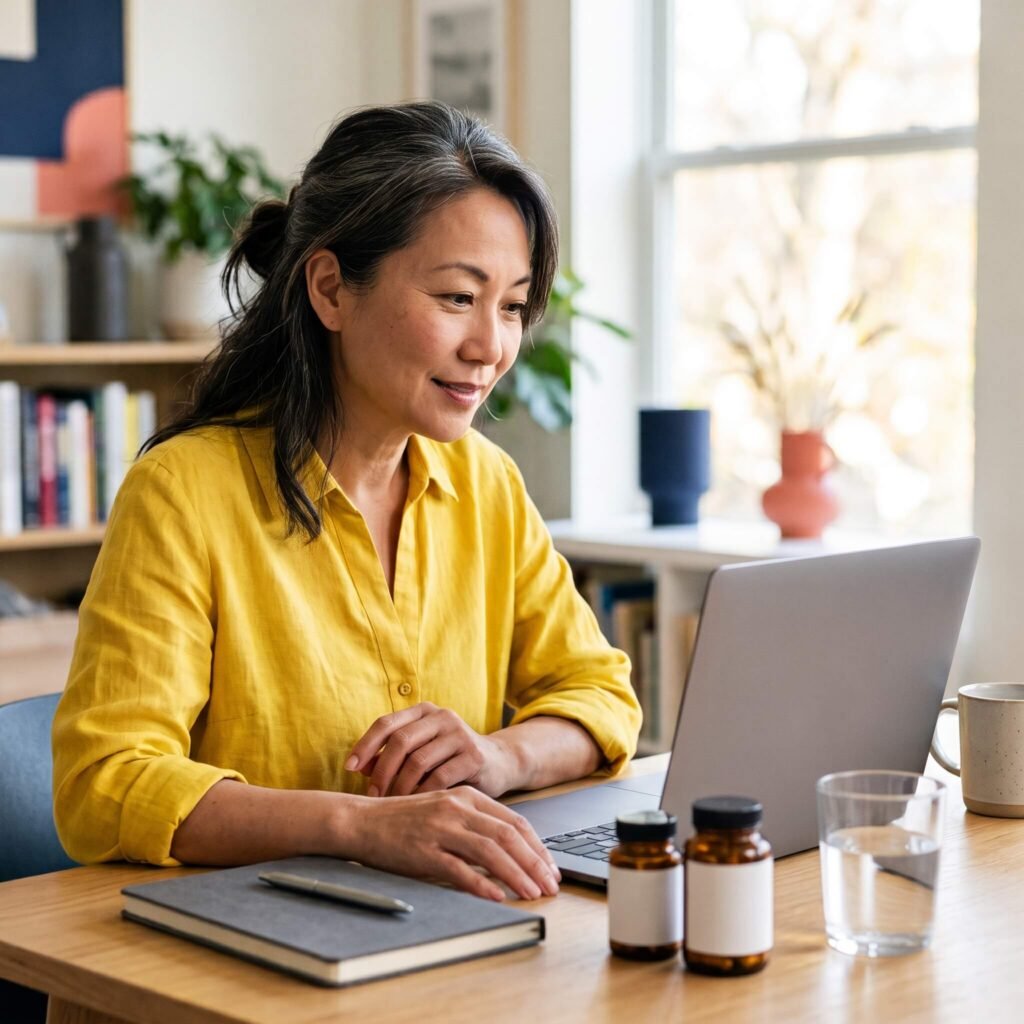 Midlife woman reviewing research about biotin and silica hair and nail health