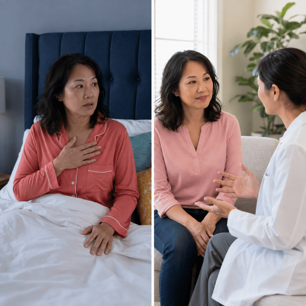 Woman waking with warmth and a racing heart during a menopause hot flash