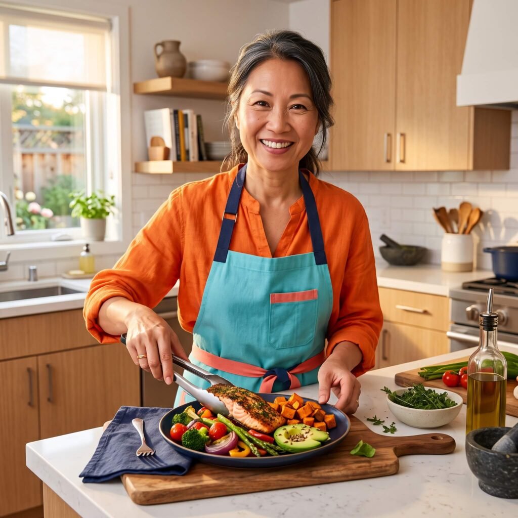Woman preparing a balanced protein and fiber-rich evening meal during menopause