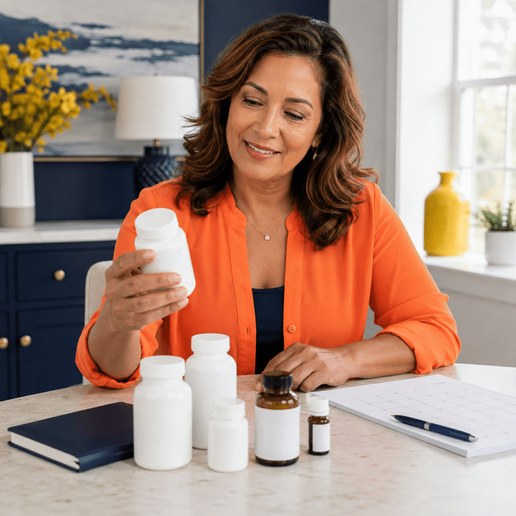 Midlife woman reviewing ADHD medication and menopause symptoms with a female clinician.
