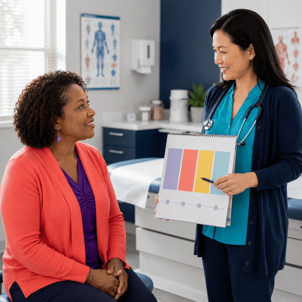  Smiling midlife woman discussing focus and memory concerns with a female clinician.
