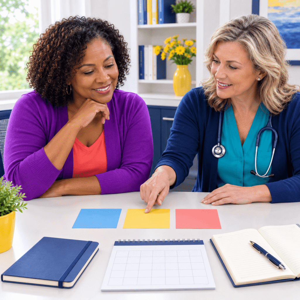 Midlife woman and clinician reviewing childhood, cycle and menopause clues using a simple visual timeline.
