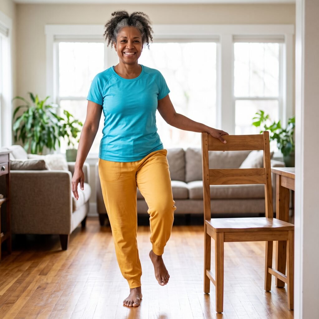 Woman over 50 practicing balance exercises to reduce fall risk.