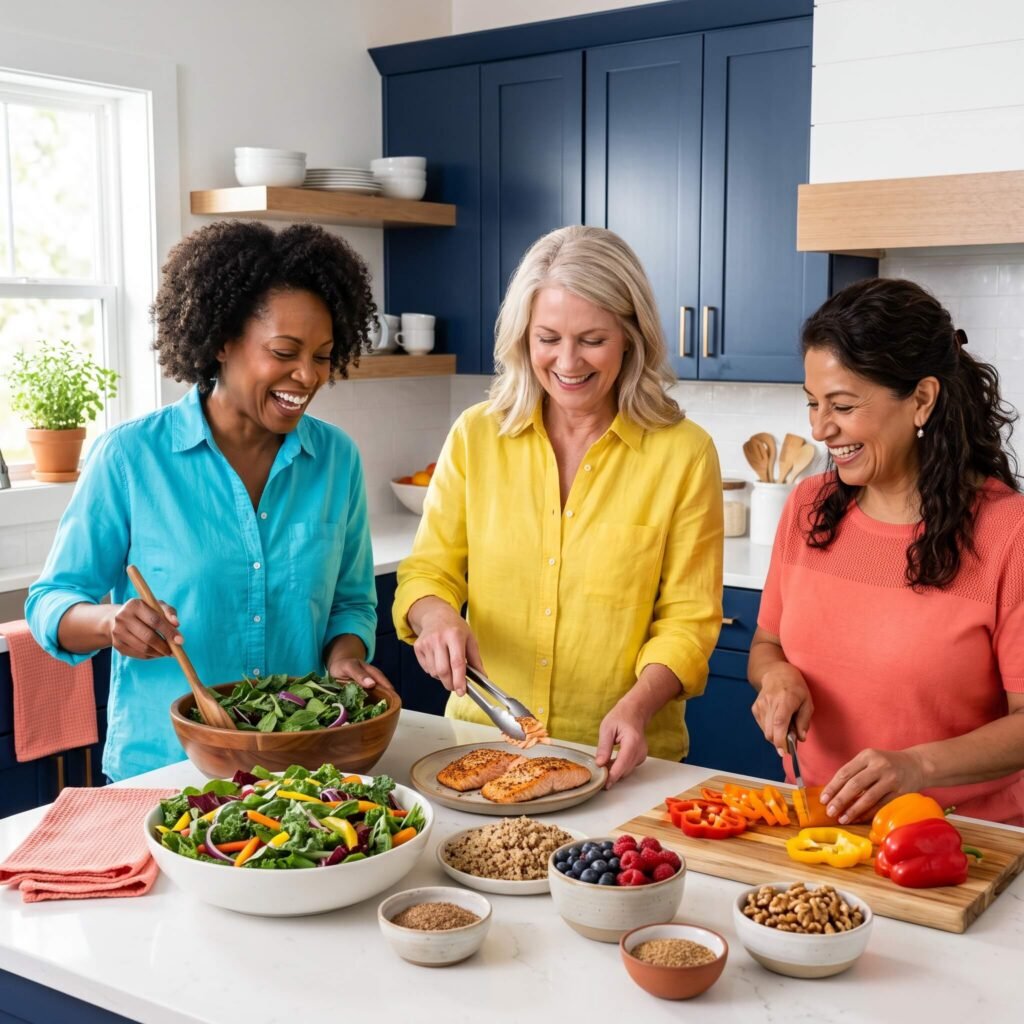  Diverse women over 40 preparing a balanced meal with protein, vegetables and omega-3-rich foods for brain health