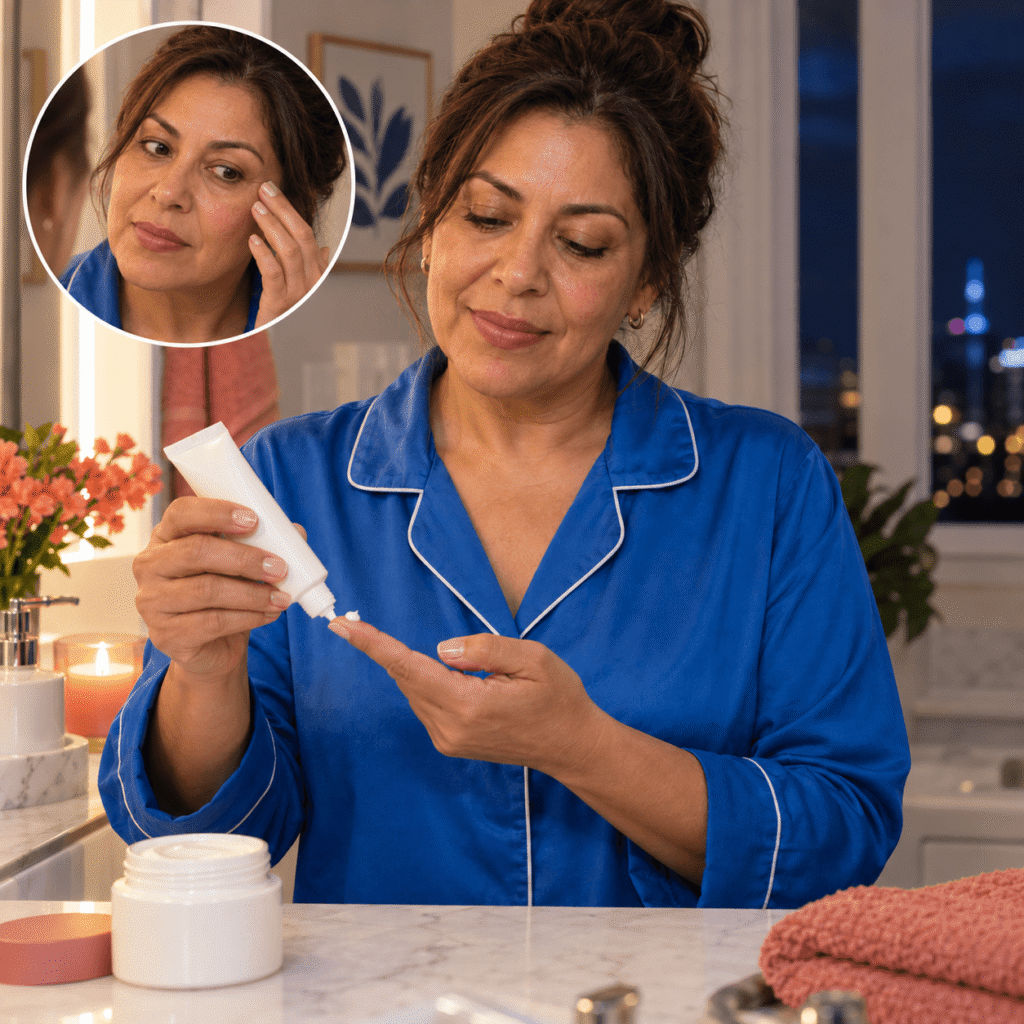 Woman Applying Ceramide Cream To Dry Menopausal Skin