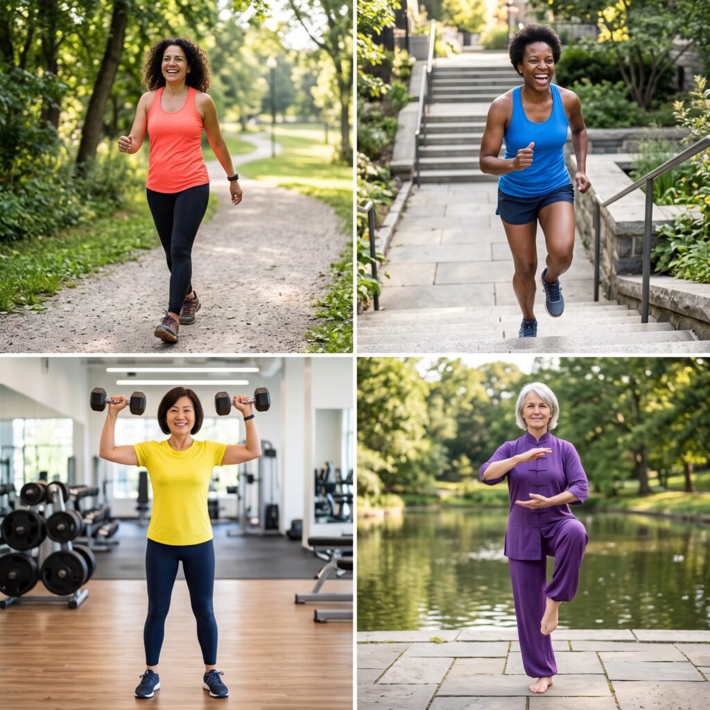 Four-panel image showing exercises that support bone density after menopause.