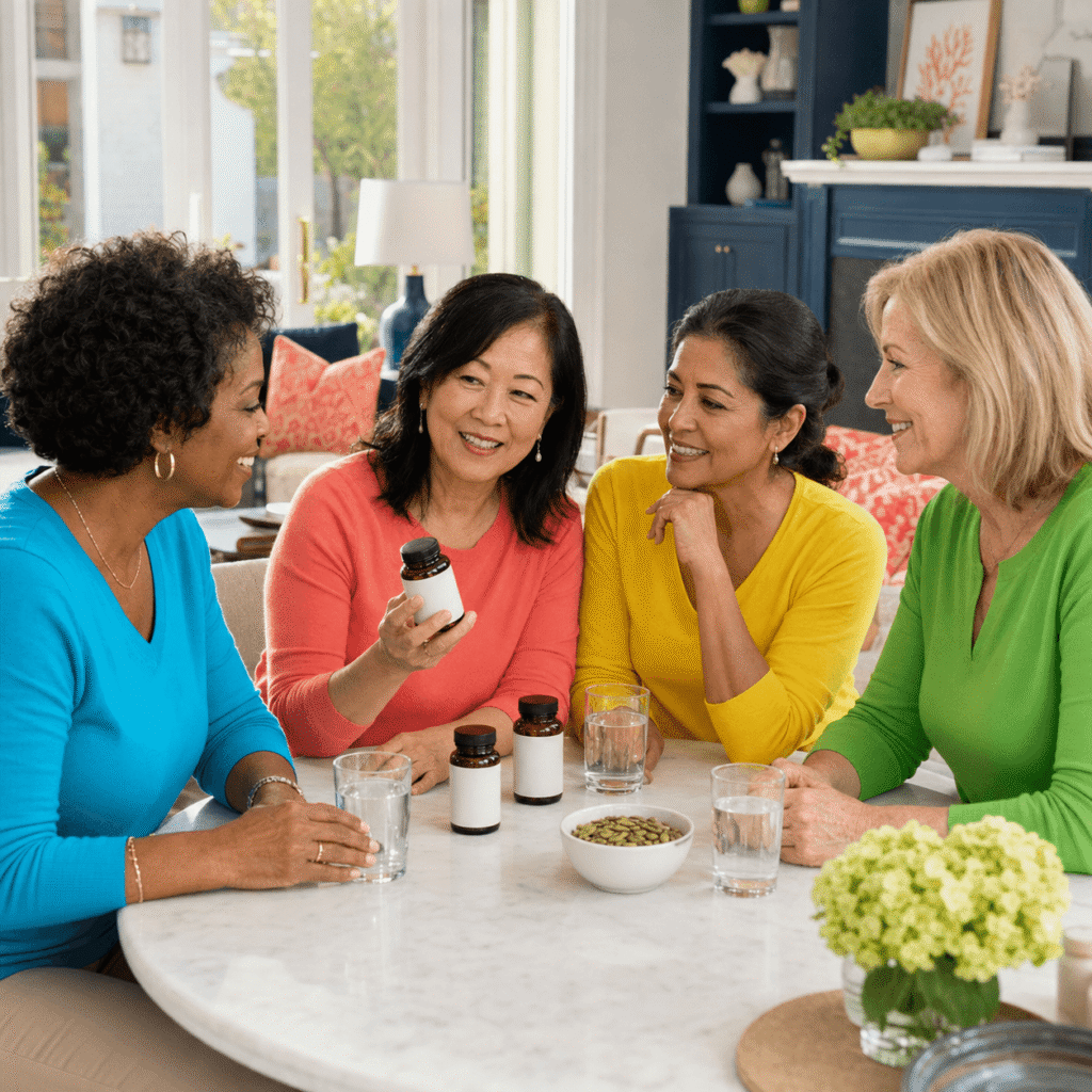 Women carefully comparing unbranded menopause anxiety supplements