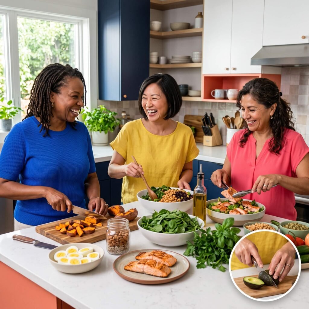 Midlife women preparing a meal with eggs salmon nuts seeds and sweet potato