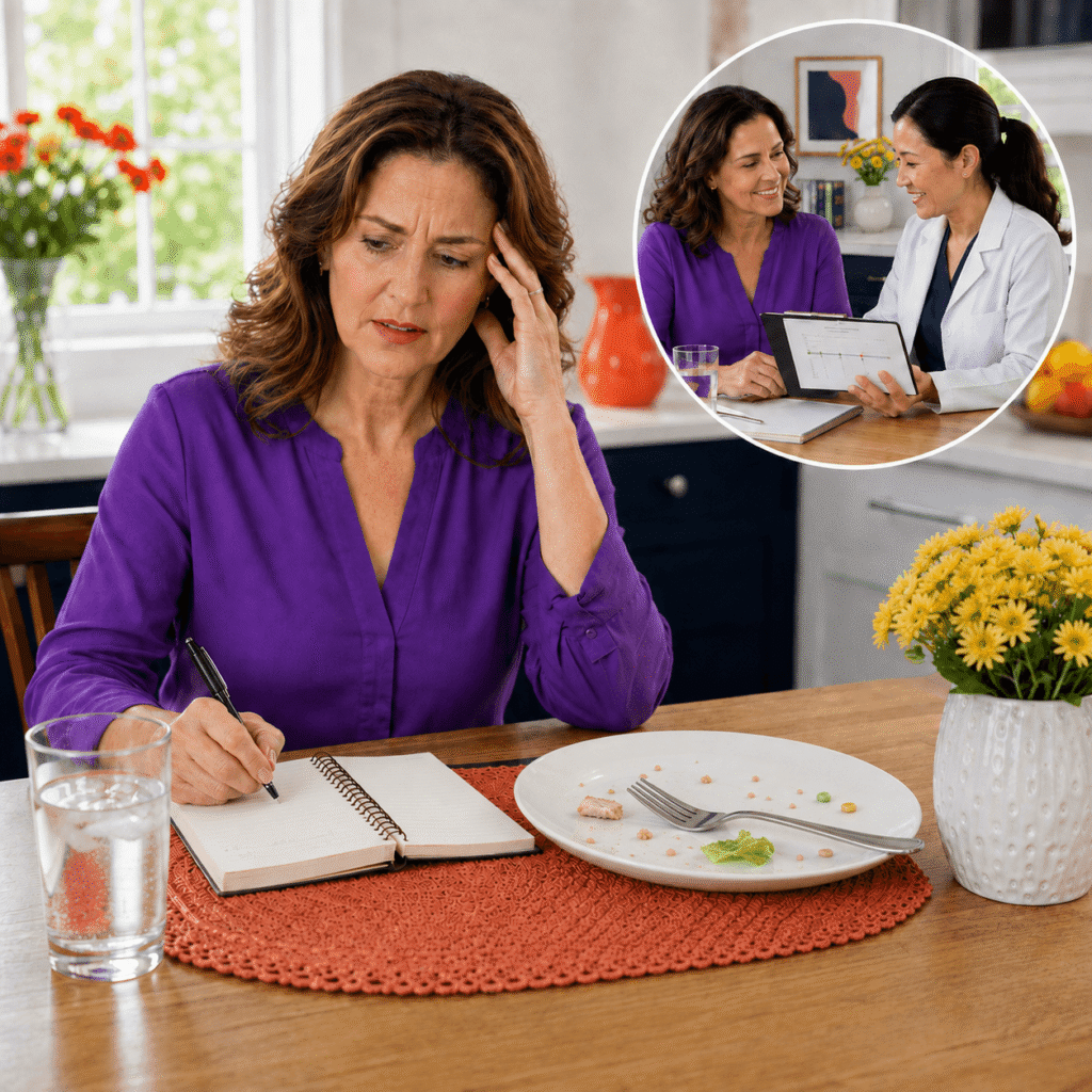 Woman tracking brain fog after eating and discussing recurring menopause symptoms with a clinician
