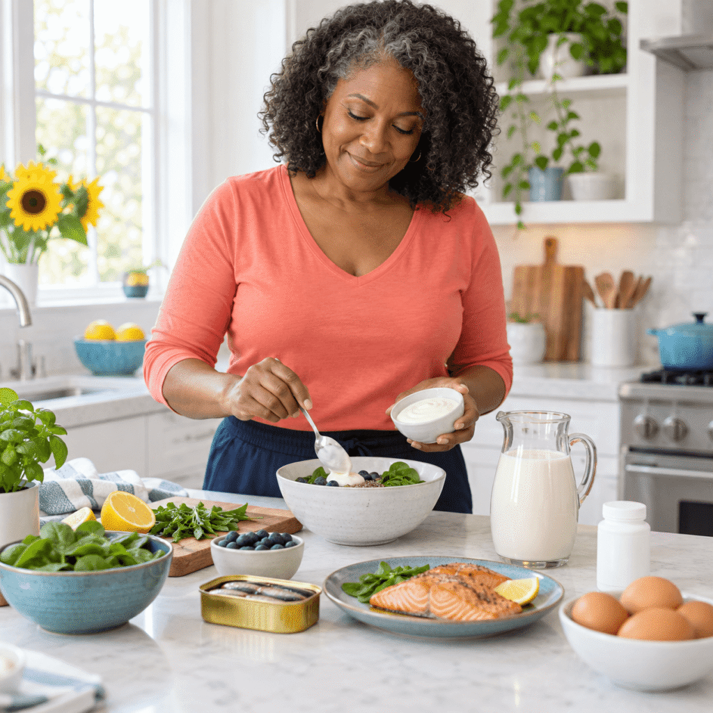 Menopausal Woman Planning Calcium Rich Meals From Everyday Foods
