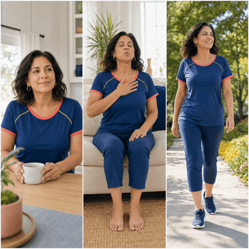 Woman using slow breathing grounding and walking to calm a menopause outburst
