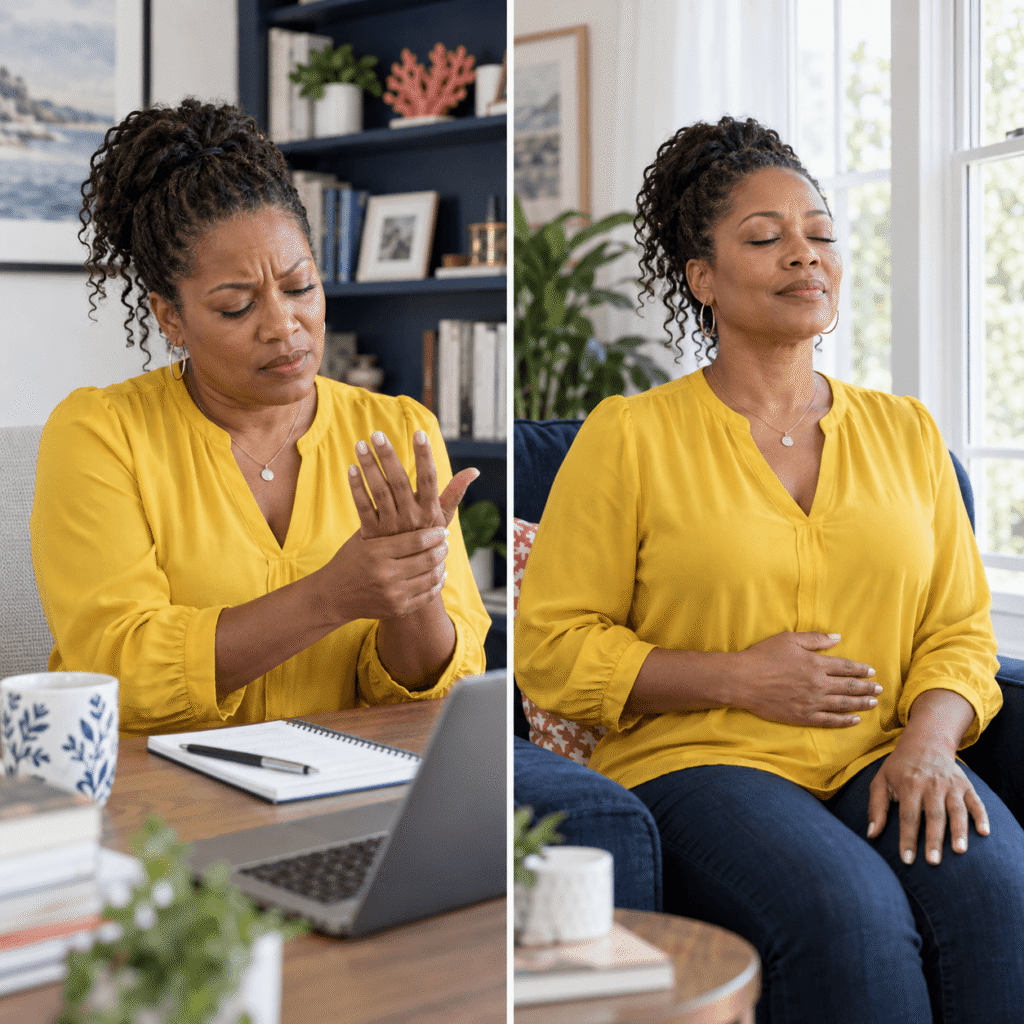 Woman Using Slow Breathing During Menopause Tingling And Anxiety