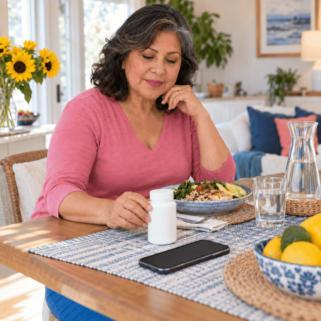 Postmenopausal Woman Reviewing Calcium And Vitamin D Supplements Carefully
