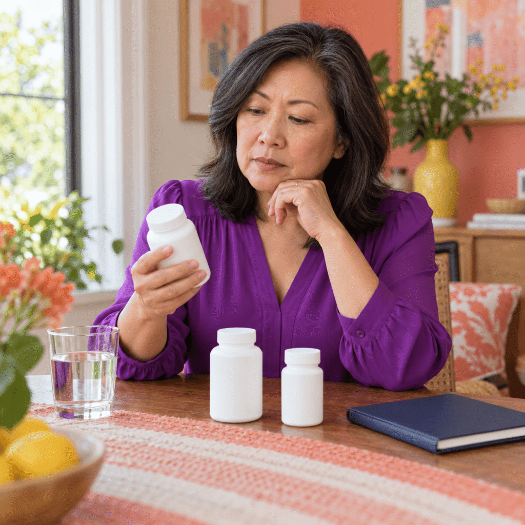 Menopausal Woman Carefully Reviewing Supplements For Nerve Health