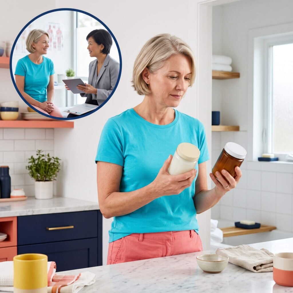 Midlife Woman Checking Coconut Oil Condom And Personal Product Compatibility