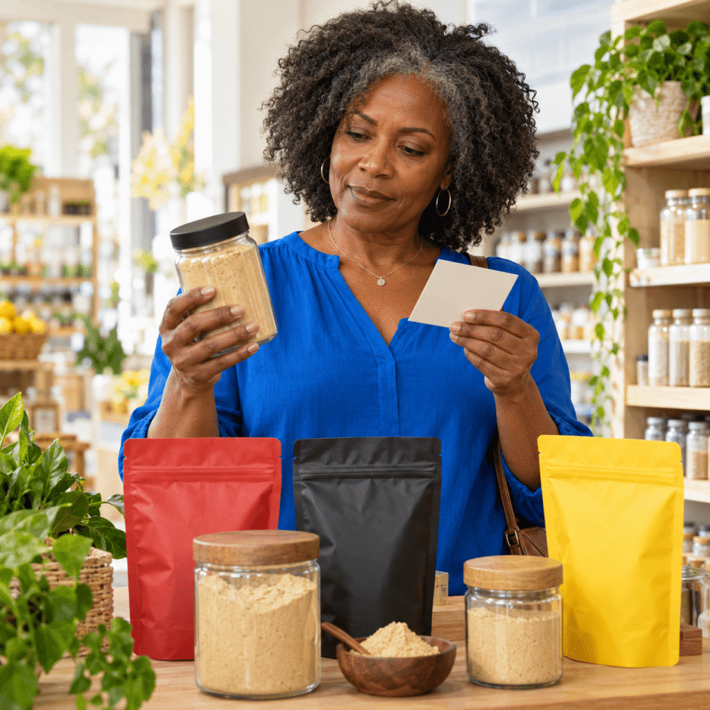 Black Woman Comparing Red Black And Yellow Maca Products In A Natural Wellness Store