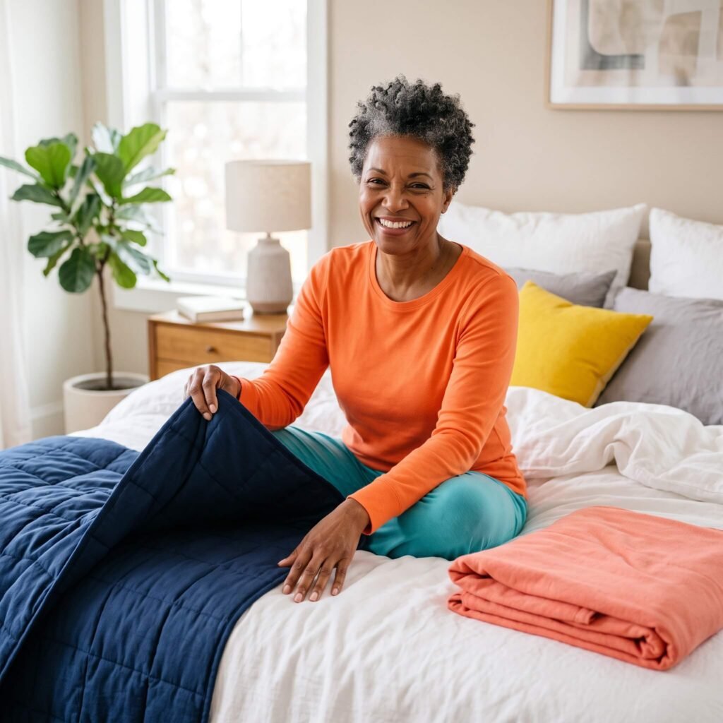 African American woman easily lifting the edge of a weighted blanket to check that she can move comfortably