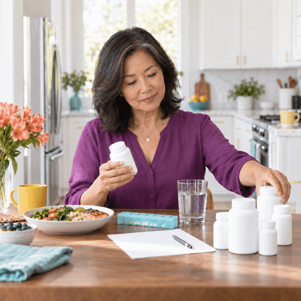 Woman Checking Elemental Calcium And Supplement Serving Size
