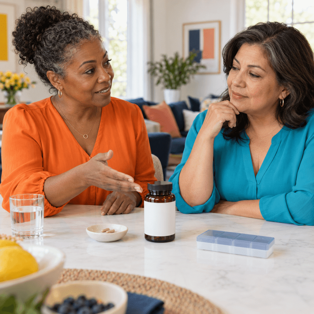  Two women over 50 reviewing a CoQ10 supplement question with medication safety in mind