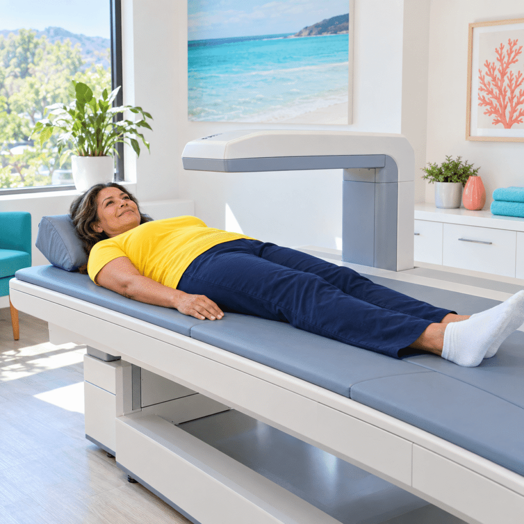  Relaxed Latina Woman During A Quick Painless DEXA Scan In A Bright Welcoming Radiology Room
