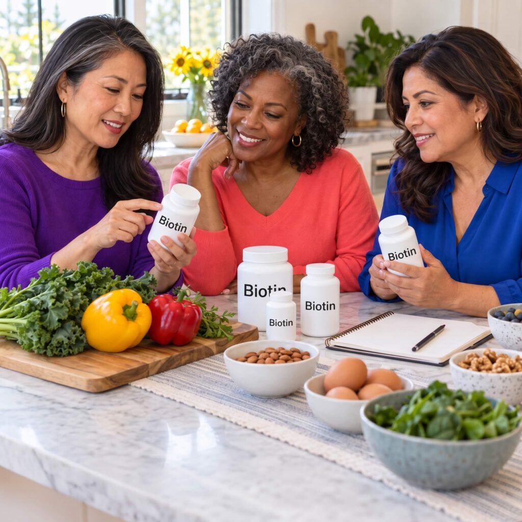 Three midlife women comparing supplement ingredients and nutritious foods