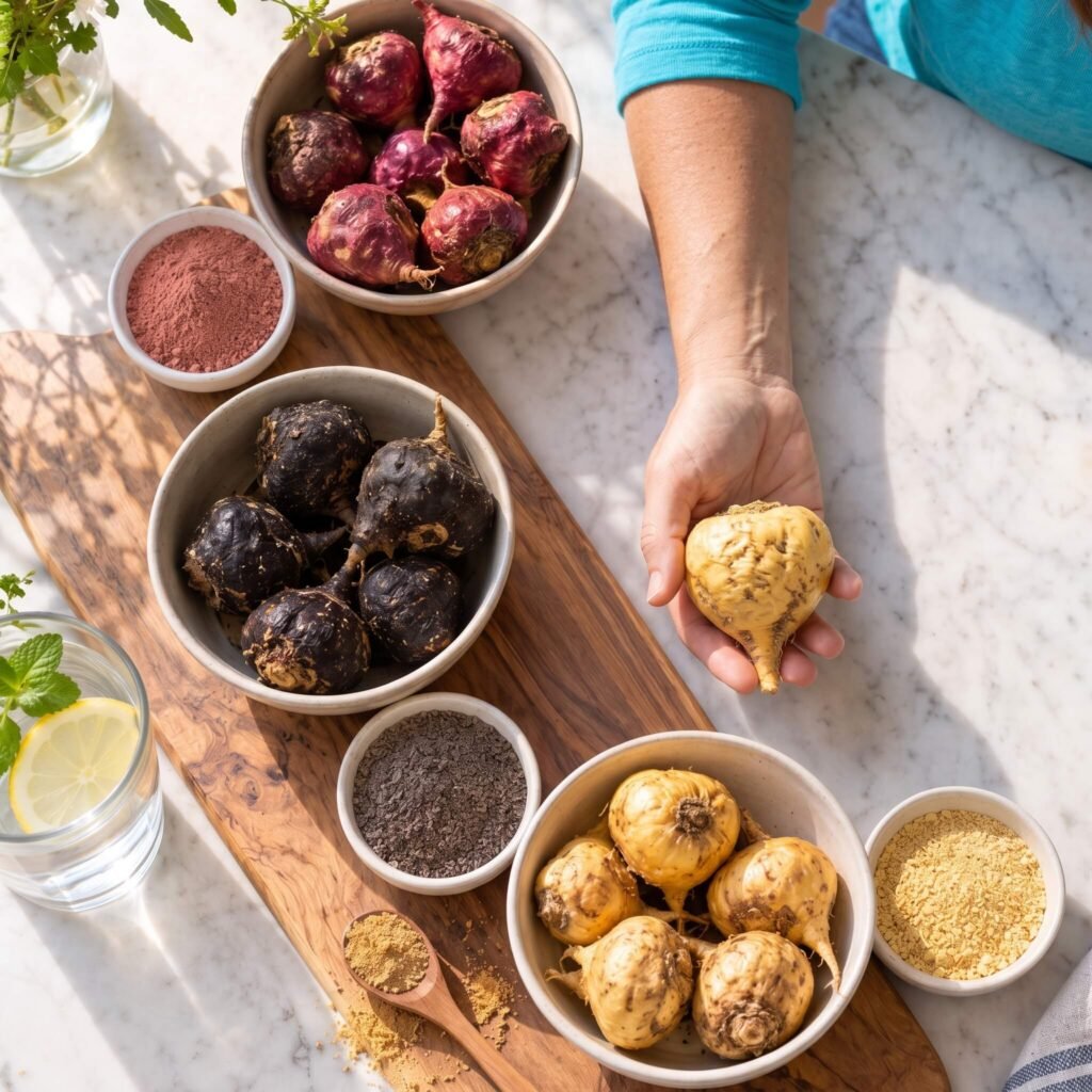 Red Black And Yellow Maca Roots And Powders Arranged For A Natural Variety Comparison