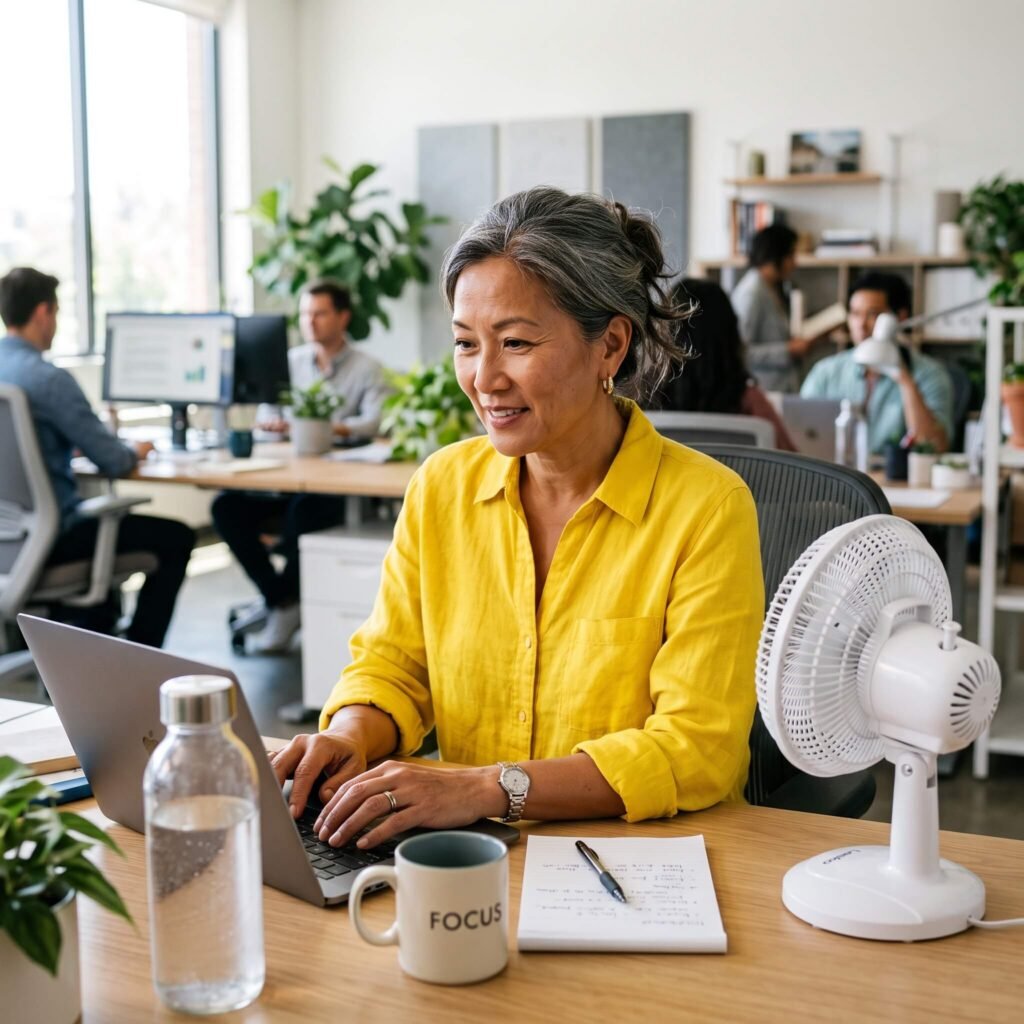 Midlife Employee Using A Desk Fan As A Menopause Accommodation