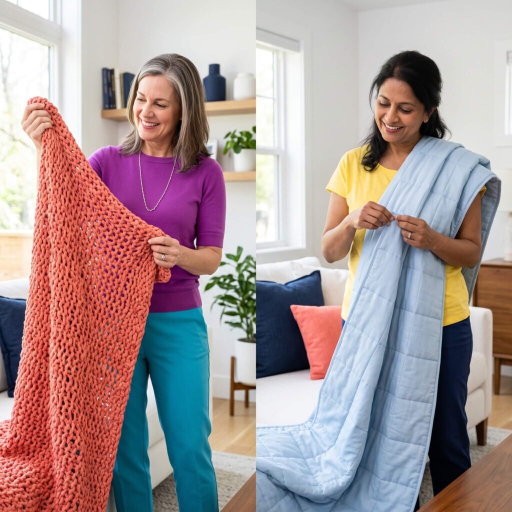 Two middle-aged women comparing an open-knit weighted blanket and a quilted bead-filled weighted blanket