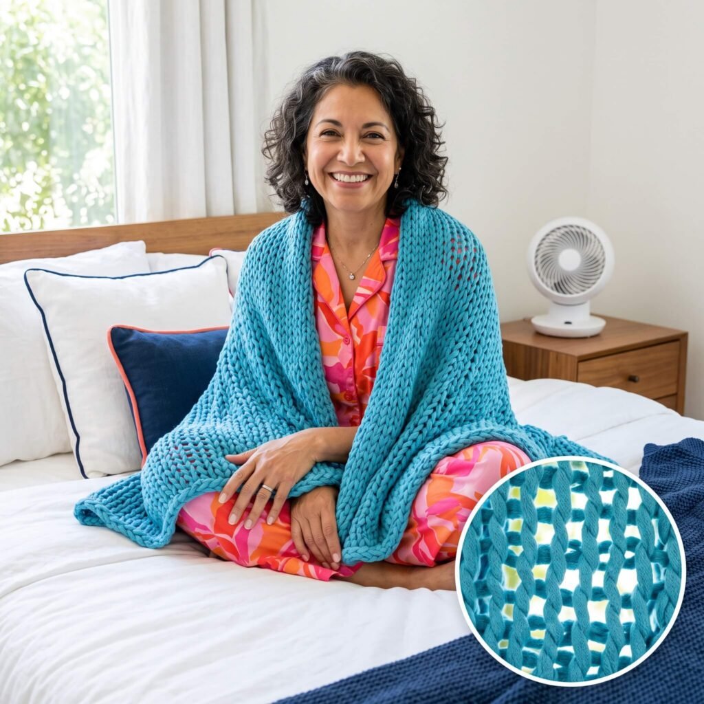 Mexican American woman using an open-knit weighted blanket