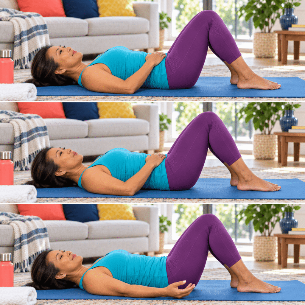 Three step sequence showing a woman over 50 breathing, gently contracting her pelvic floor, and fully relaxing between Kegels.