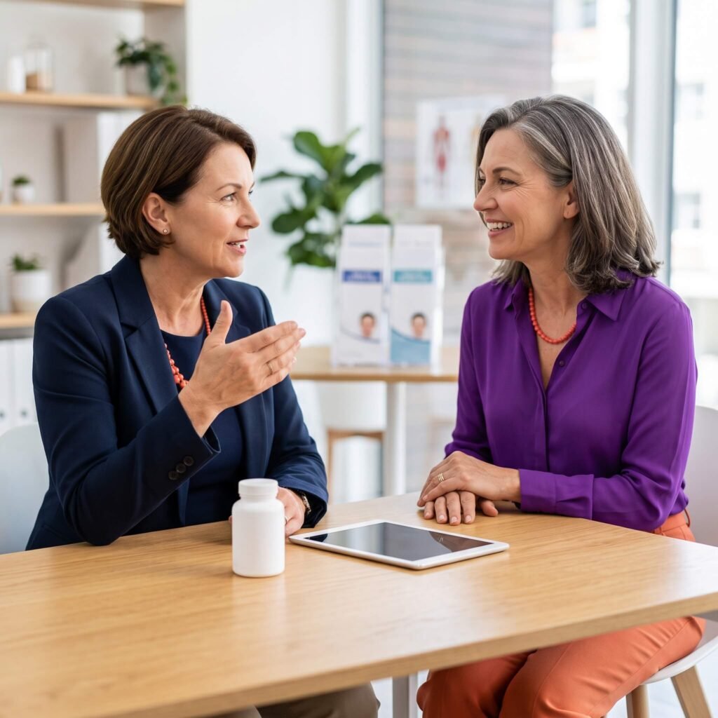 Midlife woman discussing evidence about D-mannose and recurrent UTI prevention with a clinician