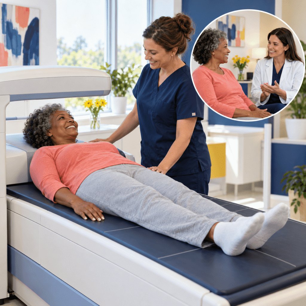 Smiling African American woman in her 50s having a DXA bone density scan while a female technician assists in a bright modern clinic