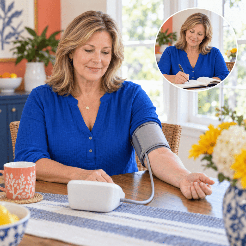 Woman Monitoring Blood Pressure To Manage Cardiovascular Risk After Menopause
