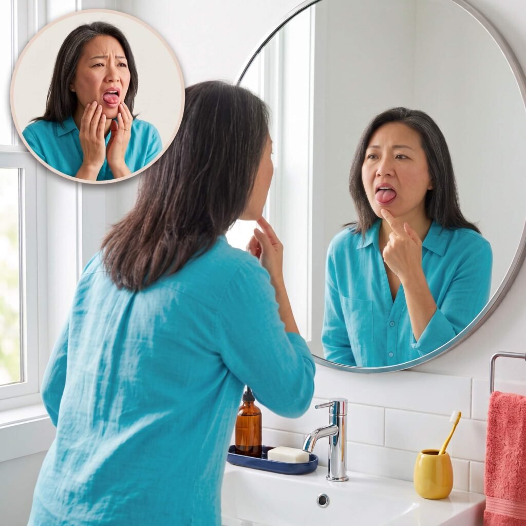 Menopausal Woman Checking A Normal Looking Mouth With Burning Sensations