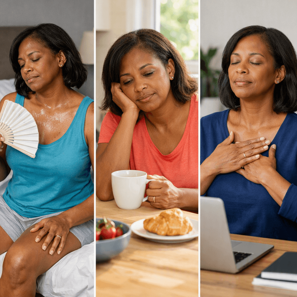 Black Midlife Woman Managing Hot Flashes Poor Sleep Fatigue Stress And Changing Libido During Menopause