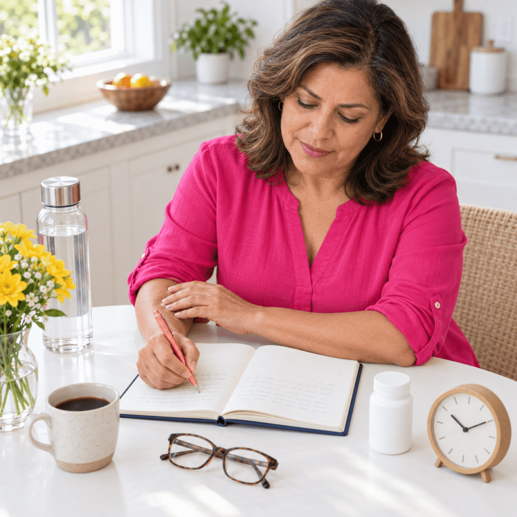 Woman Recording Menopause Electric Shock Symptoms In A Daily Diary