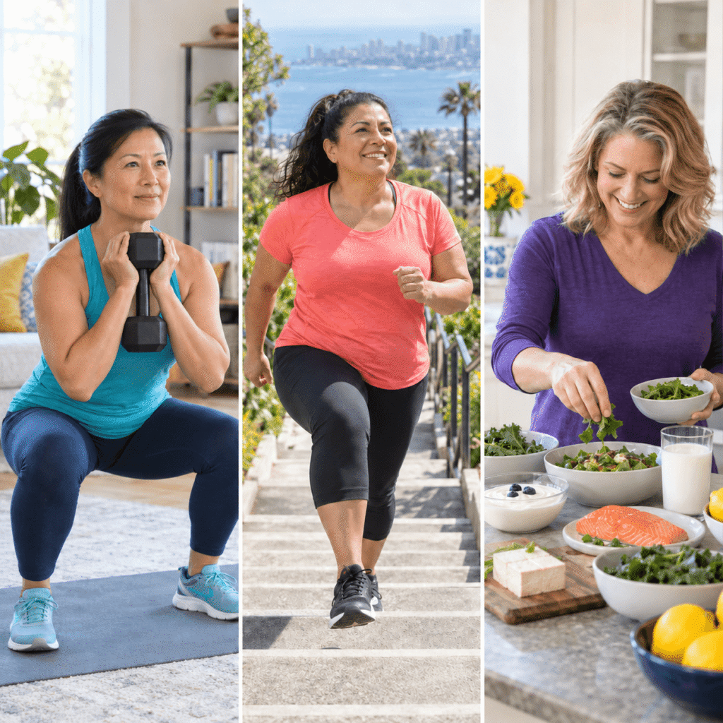 Diverse Women Aged Forty To Sixty Strength Training Walking And Preparing Calcium Rich Foods In A Bright Three Panel Menopause Bone Health Scene
