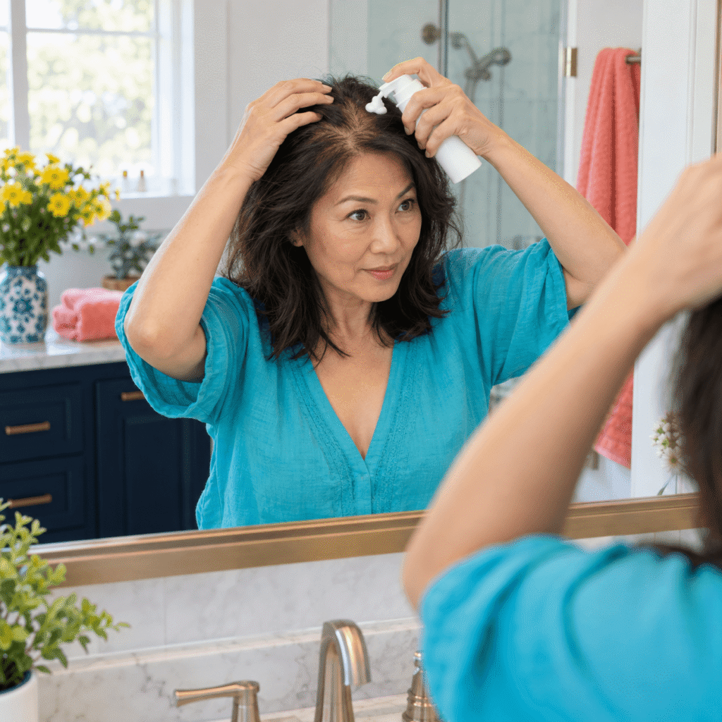 Woman Applying A Topical Hair Loss Treatment To Her Dry Scalp