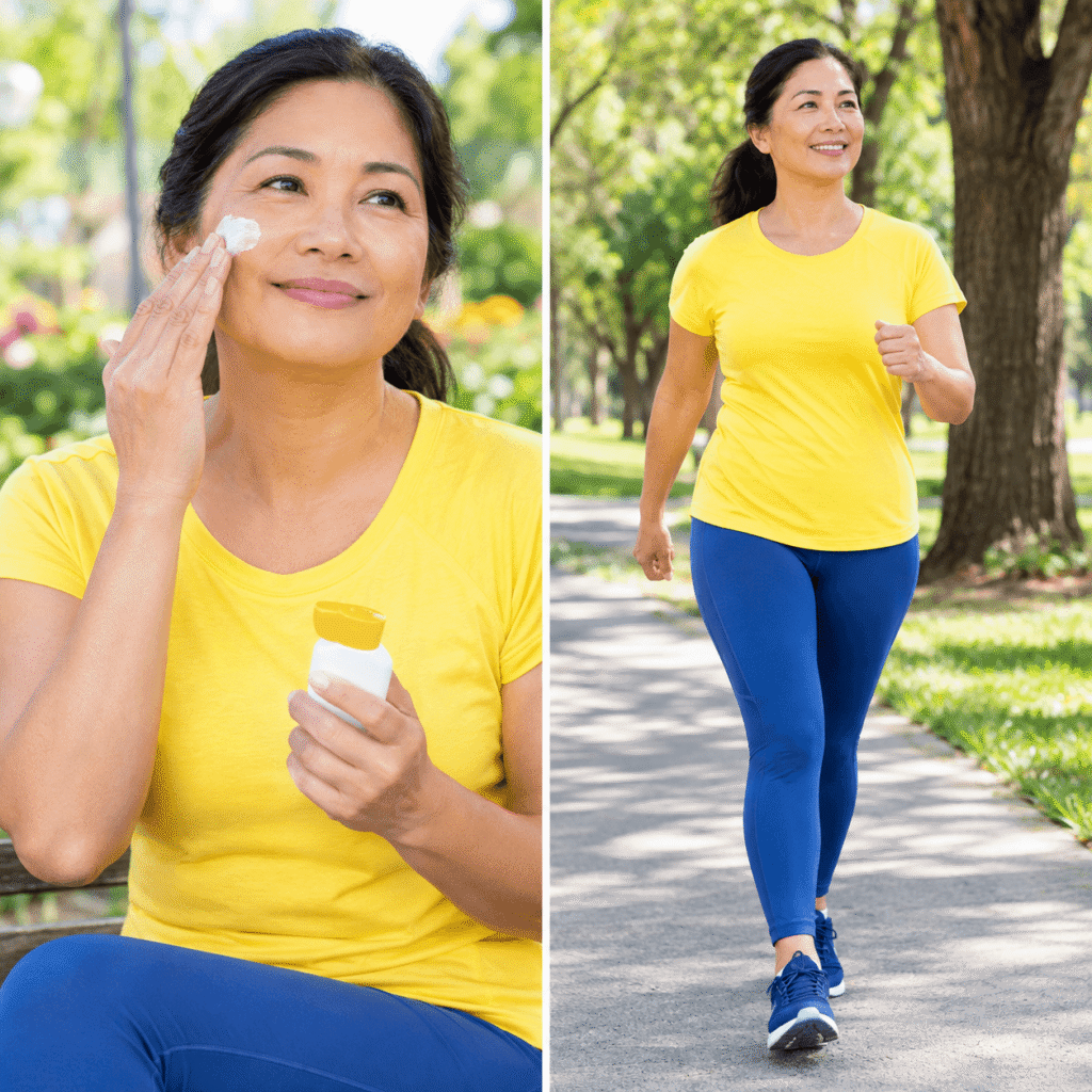  Mature Woman Applying Sunscreen To Protect Menopause Skin Collagen And Elasticity
