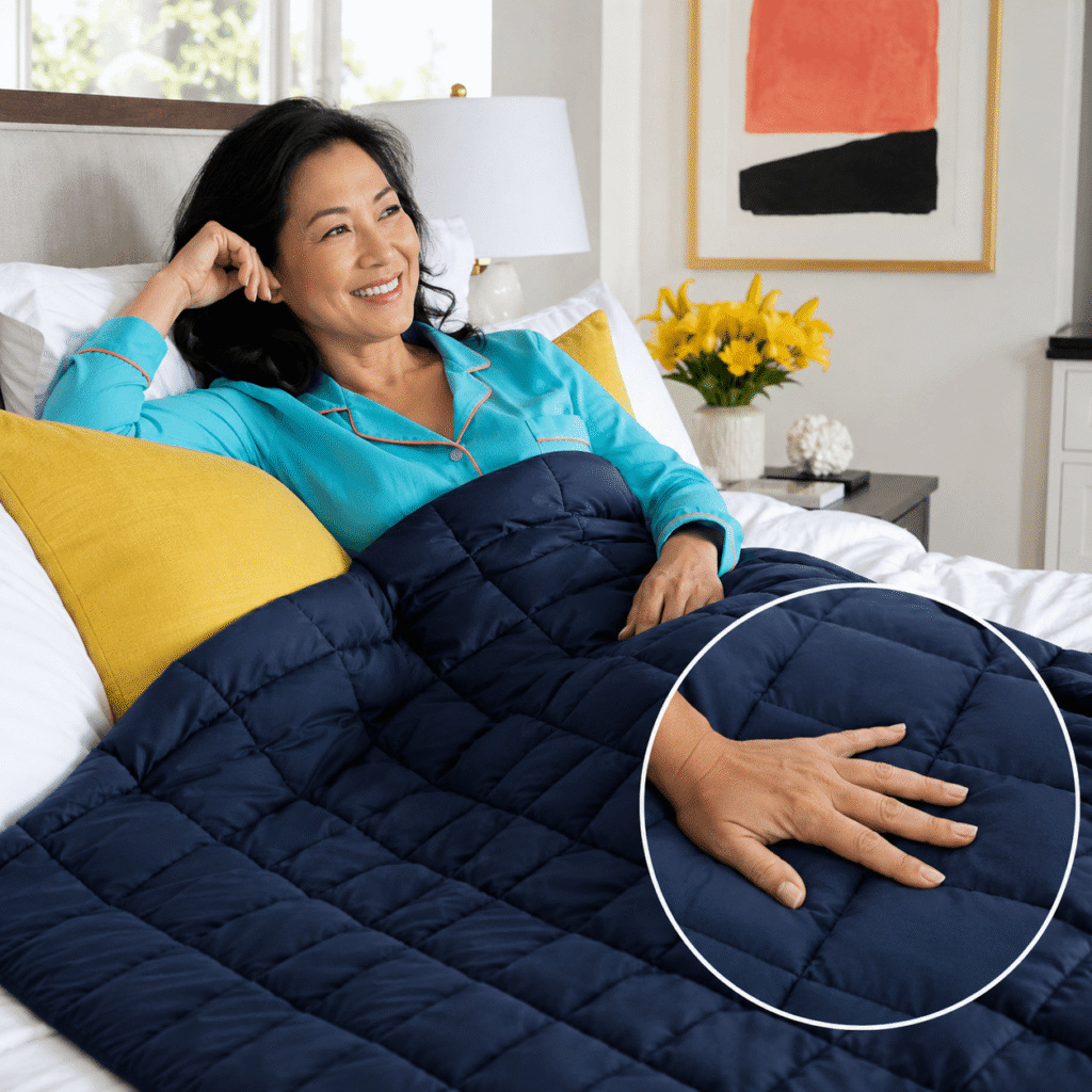Asian American woman resting under an evenly distributed weighted blanket