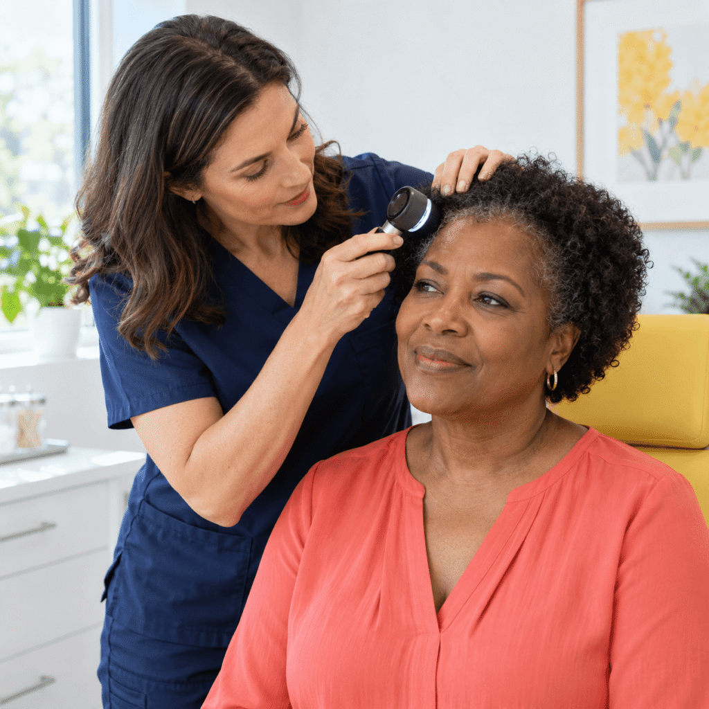 Dermatologist Examining A Menopausal Woman With Thinning Hair