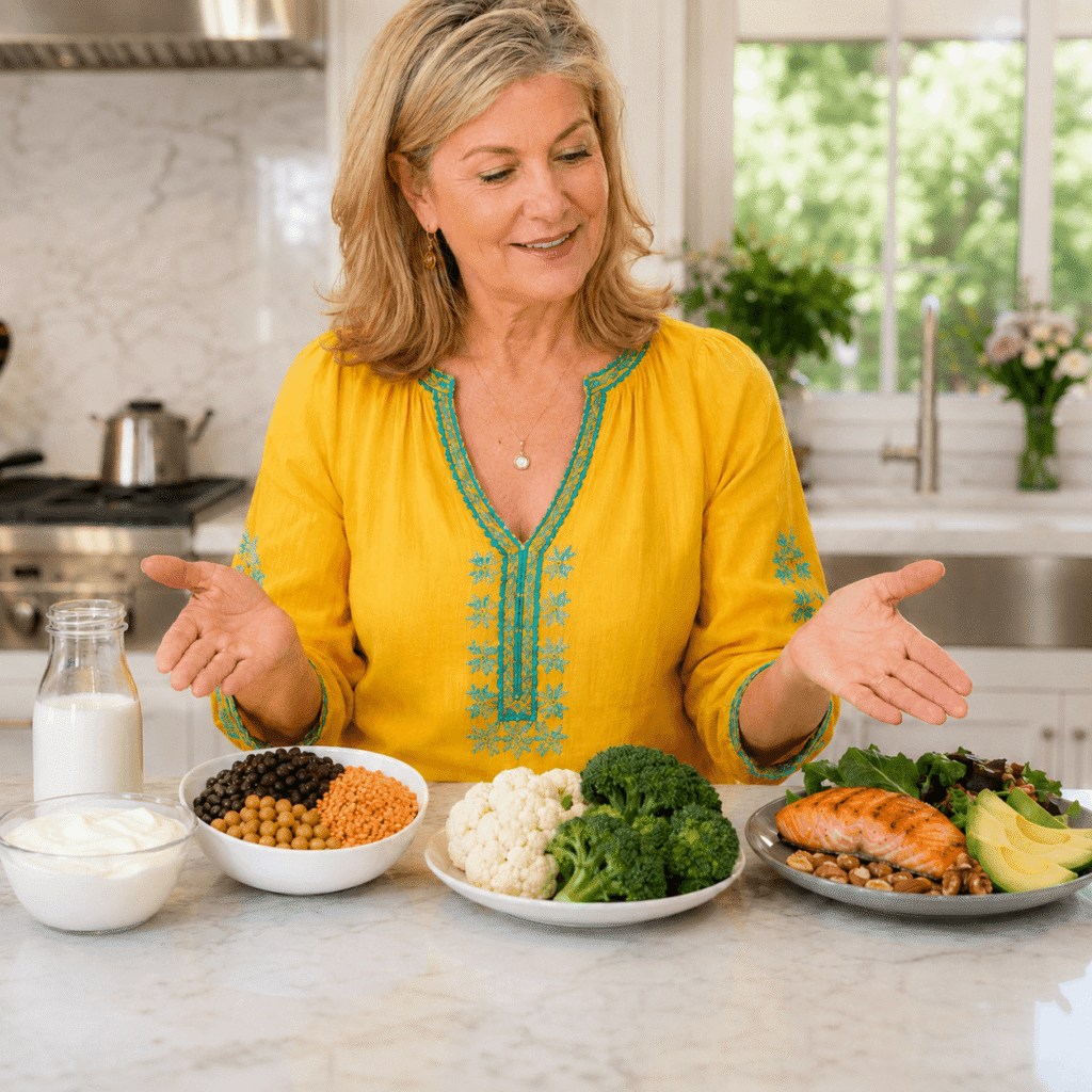Woman comparing dairy, legumes, vegetables and meal types when considering digestive enzyme support