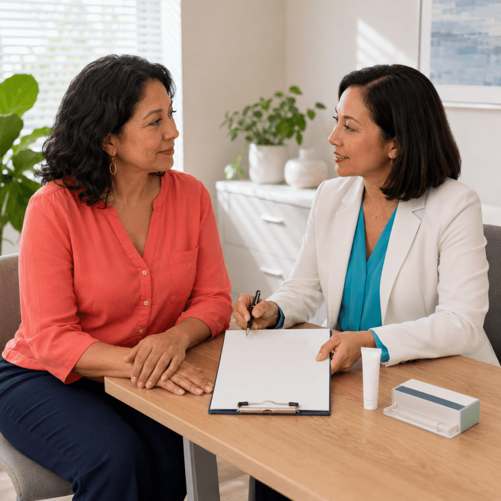 Menopausal Woman Discussing Vaginal Estrogen And Urinary Urgency With A Clinician