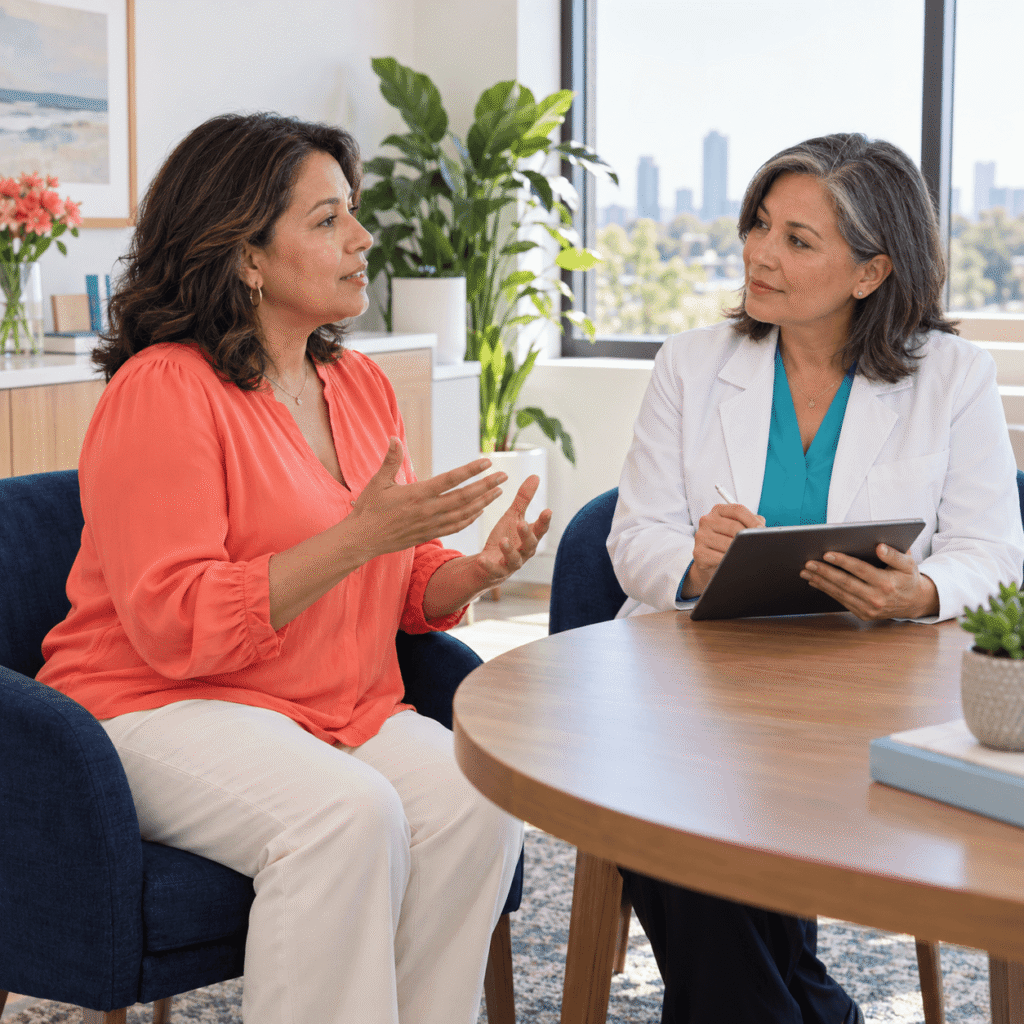 Midlife Woman Discussing Menopause Symptoms And Treatment Options With A Clinician