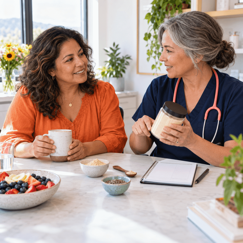 Latina Woman Discussing Maca Root Dosage And Menopause Symptoms With A Female Clinician