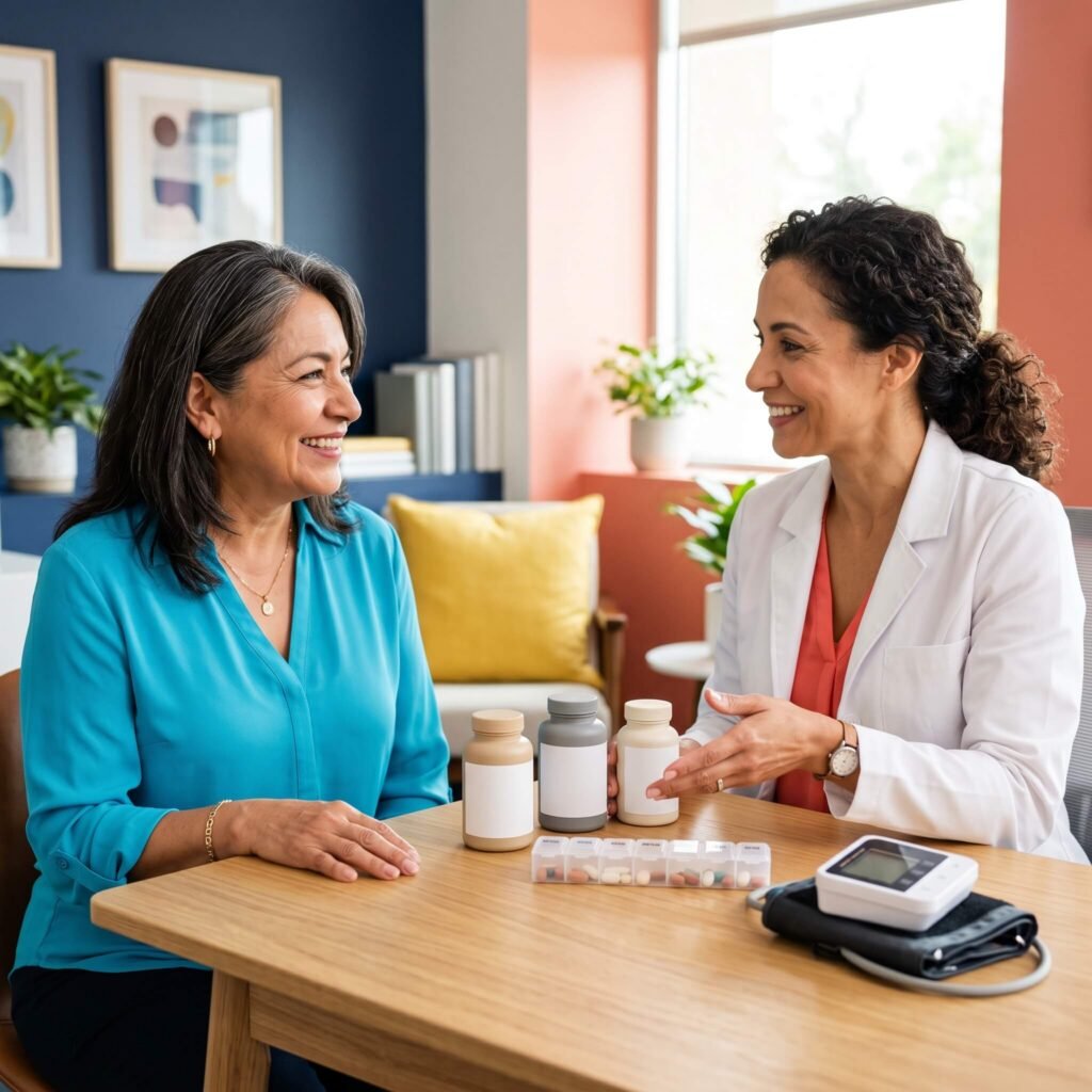 Woman over 50 discussing supplements and heart medications with a female clinician