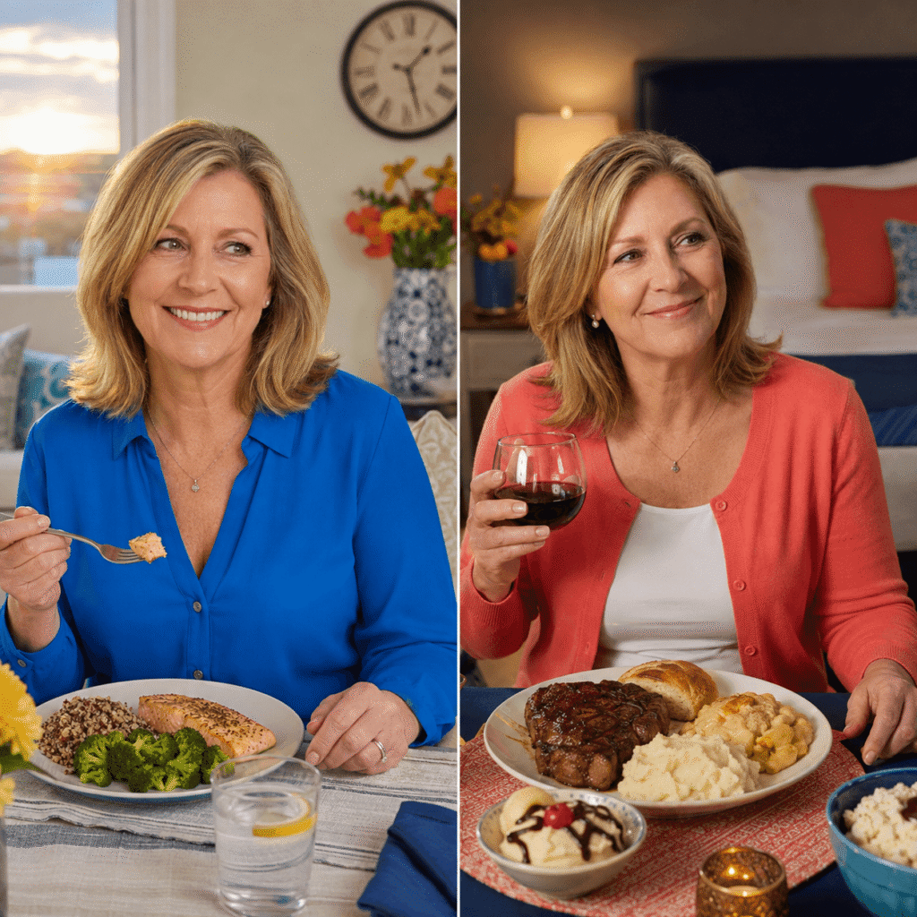 Split image showing an earlier balanced dinner and a heavy late meal close to bedtime
