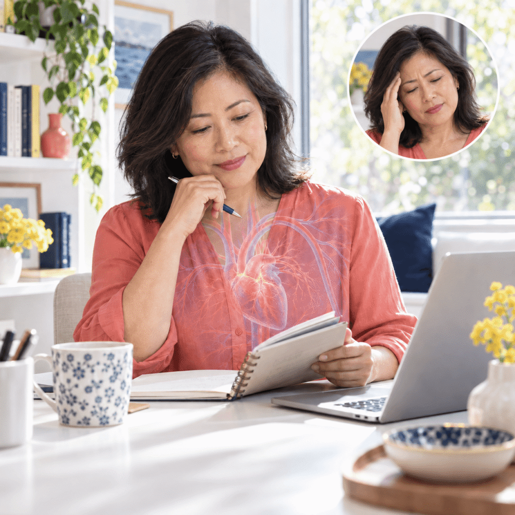 Midlife Woman With Visual Inset Representing Healthy Blood Vessel Function
